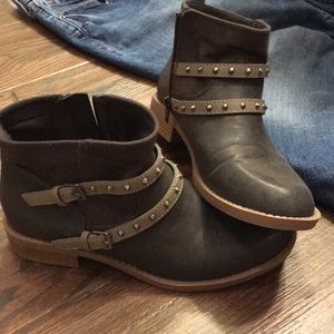 Brown and tan leather belted, studded bootie